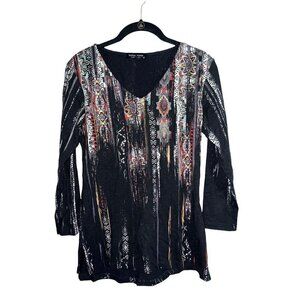 KATINA MARIE Black Tribal Print Stretch V-Neck 3/4 Sleeve Top Sz XS Made in USA